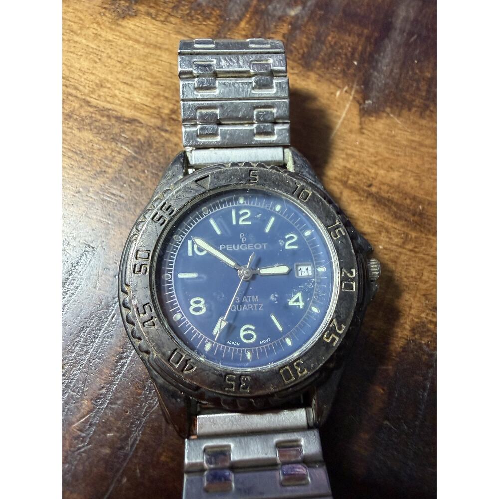 Vintage Peugeot Men's Quartz Watch Blue Dial Date Stainless Steel Expansion Band